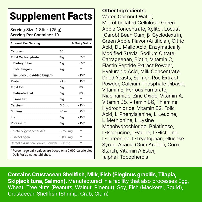 FOODOLOGY Coleology Centella Jelly Collagen Petide, Gree Apple, 10 Sticks | PDRN, Biotin & Hyaluronic Acid, Vitamin for Skin Glow, Hair & Nail Support, Korean Jelly Collagen Sticks Green Apple 10 Count (Pack of 1)