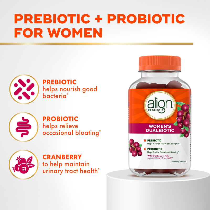 Align Probiotic, Women's Dualbiotic, Womens Probiotic Gummies, Prebiotics and Probiotics for Women, with Cranberry for Urinary Tract Health*, Cranberry Flavor, 90 Gummies 90 Count (Pack of 1)