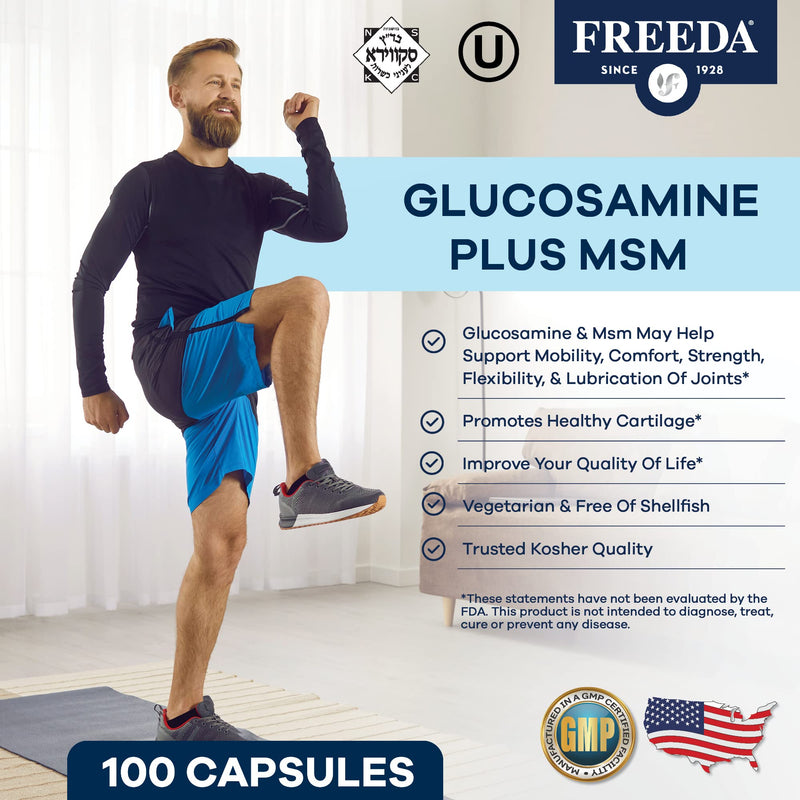 FREEDA Glucosamine MSM - Vegan Glucosamine with MSM Supplement - Bone & Joint Health Supplement - Vegetarian Glucosamine without Shellfish - Bone & Joint, Knee Supplement for Mobility (250 Capsules) 250 Count (Pack of 1) - BeesActive Australia