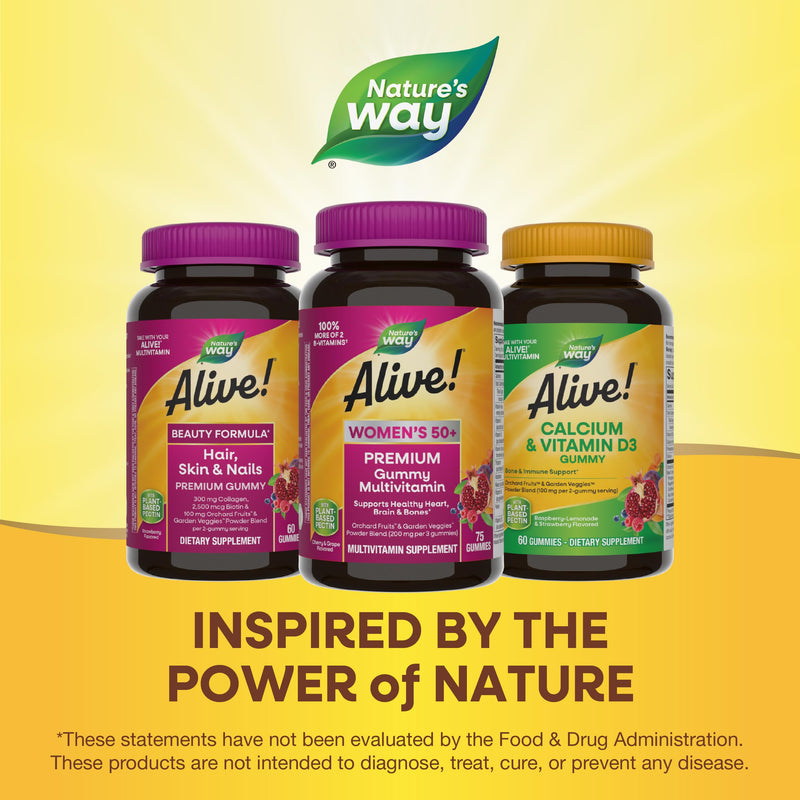 Nature's Way Alive! Women's 50+ Premium Gummy Multivitamin Supplement, Supports Heart, Brain & Bones*,B-Vitamins,Vegetarian,Grape&Cherry Flavored Gummy Vitamins,75 Gummies Packaging Vary,(Pack of 2) 75 Count (Pack of 2)