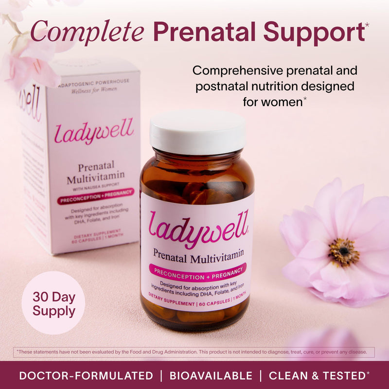 Ladywell Prenatal Multivitamin | Conception, Pregnancy & Postpartum | Key Ingredients Including DHA, Folate & Iron | Expertly-Formulated & Tested | Designed for Absorption with Nausea Support, 60 Ct 60 Count (Pack of 1) - BeesActive Australia