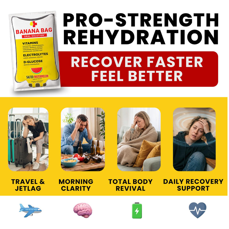 Banana Bag Electrolytes Vitamin Powder Drink Mix, Salted Watermelon 30 Pk | IV-level hydration powder packets w/ Electrolytes + Vitamin C & B-complex. Fast rehydration after exercise & alcohol recovery