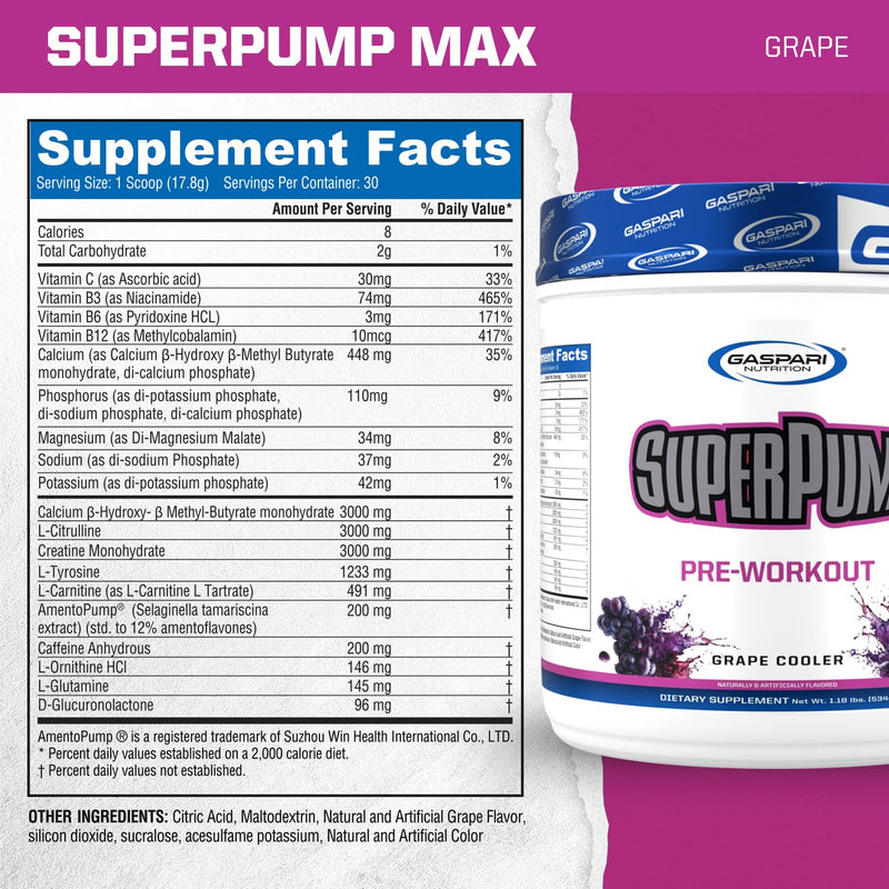 Gaspari Nutrition SuperPump MAX, The Ultimate Pre Workout Powder, Sustained Energy Preworkout, Nitric Oxide Booster, Muscle Growth, Recovery & Replenishes Electrolytes (30 Servings, Grape Cooler)