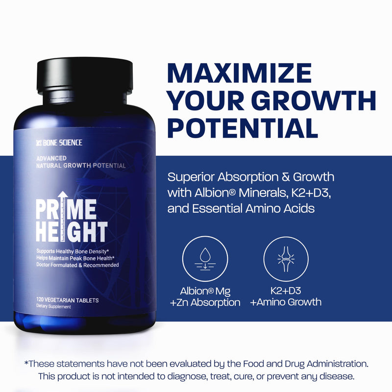 BONE SCIENCE PrimeHeight Bone & Immune Support, Calcium D3 K2, 120 Tablets | Vegan, non-GMO formula with calcium, vitamin D3, K2, magnesium and zinc for daily bone, immune and nutritional support needs