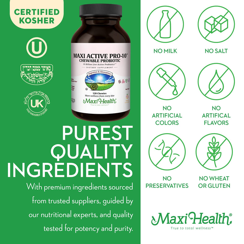 Maxi Health® Probiotics for Kids, 10 Billion CFU (120 Count) | Kosher | 15-Strain Kids Probiotic | Fruit Punch Chewables for Digestive Health | Vegetarian · Non-GMO | Doctor Formulated 120 Count (Pack of 1)