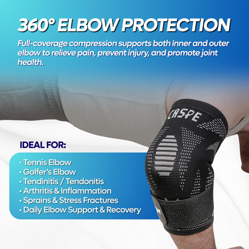 Caspe 2 Pack Elbow Compression Sleeve with Strap – Compression Sleeves for Women & Men, Arm Support, Elbow Brace for Tendonitis Relief, Support for Weightlifting & Workouts (Black) Large