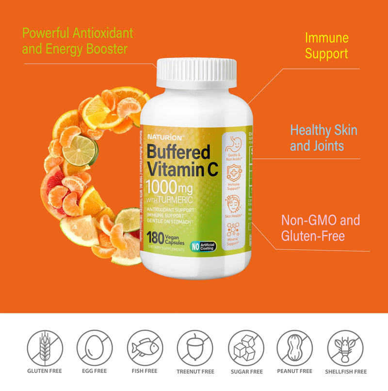 Buffered Vitamin C 1000 mg with Organic Turmeric - Antioxidant & Immune Support - Healthy Skin & Joints - Gluten & Dairy Free - 180 Vegan Capsules, 180 Day Supply 180 Count (Pack of 1)