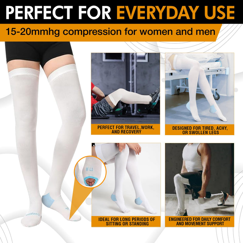 Doc Miller TED Hose Thigh High Anti Embolism Stockings for Women & Men, Hospital Style Surgical Stockings, Plus Size White Compression Socks 15-20mmHg, Support Hose with Inspection Hole X-Large (1 Pair) - BeesActive Australia