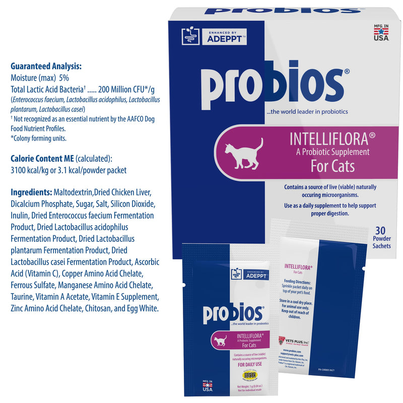 Probios Intelliflora for Cats, Daily Probiotic Powder with Prebiotics, 200 Million CFU/g, Supports Gut Health Digestion and Immune Health, Chicken Liver, 30 Sachets (Pack of 2)