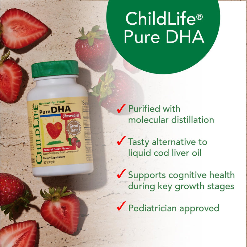 CHILDLIFE ESSENTIALS Pure DHA for Kids, Berry, 90 Softgels (Pack of 2) | Omega 3 Fish Oil Supplement, Children, Babies, Toddlers, Pure DHA Softgel Chewables, Gluten Free, Natural Berry Flavor Strawberry 90 Count (Pack of 2)