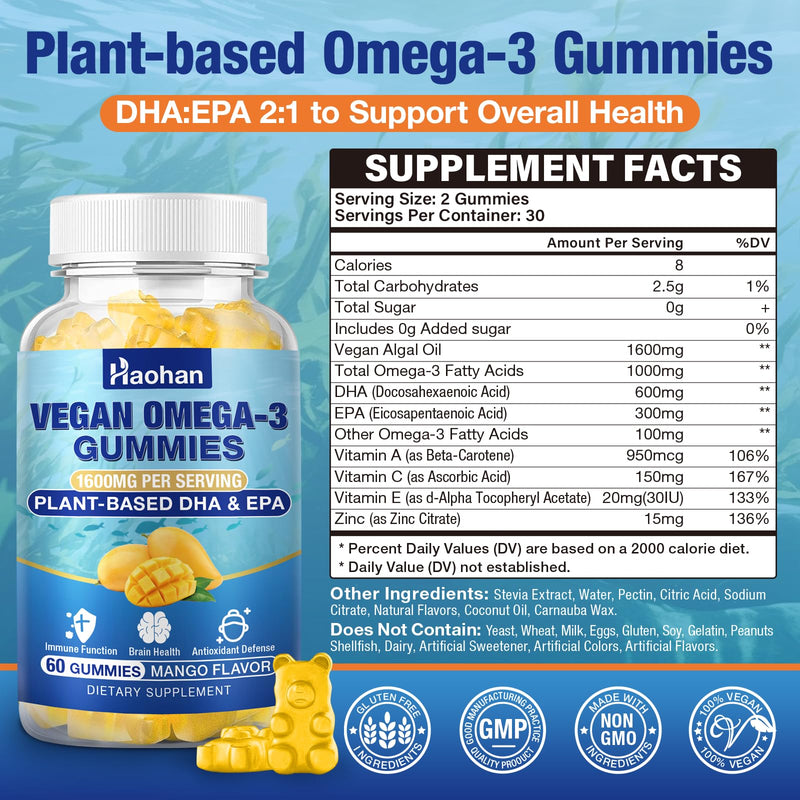 Omega-3 Gummies for Adults, Orange Flavor – Sugar-Free, Algae-Derived DHA 600mg & EPA 300mg, with Vitamins A, C, E, Zinc, 120 Gummies