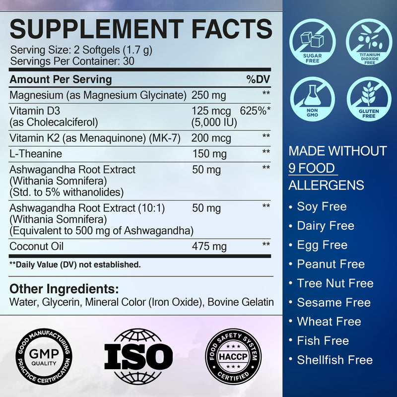 Magnesium Glycinate Complex 1425mg with Vitamin D3 5000 IU & K2 MK-7 200mcg - Magnesium for Sleep, Relax & Bone Health - Chelated Magnesium Supplement with Ashwagandha L Theanine Softgels