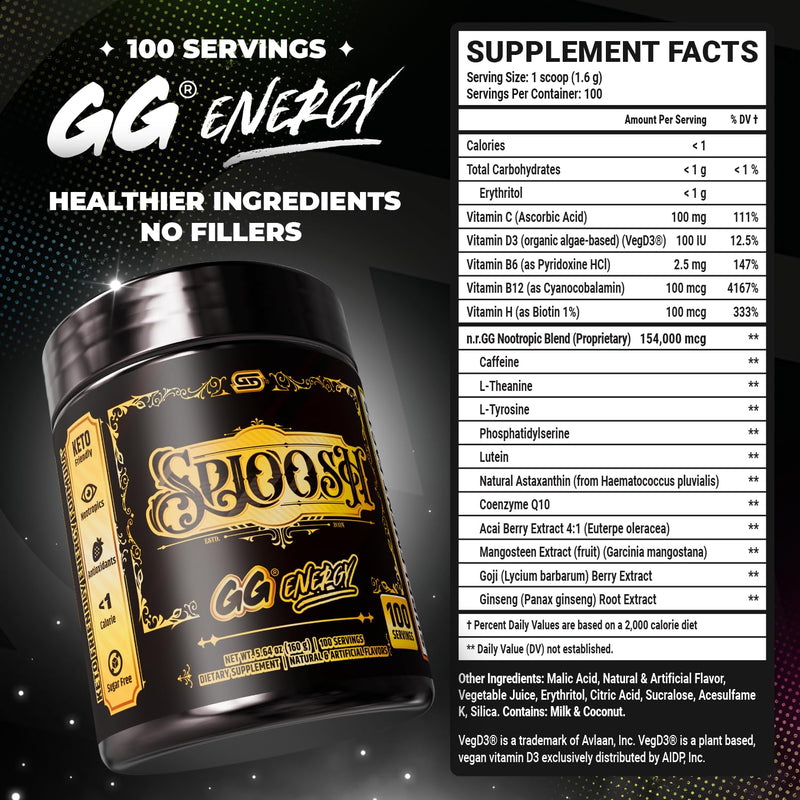 Gamer Supps GG Energy - Sploosh by CottontailVA (100 Servings) - Keto Friendly Gaming Energy and Nootropic Blend, Sugar Free + Caffeine + Vitamins + Immune Support, Powder Drink