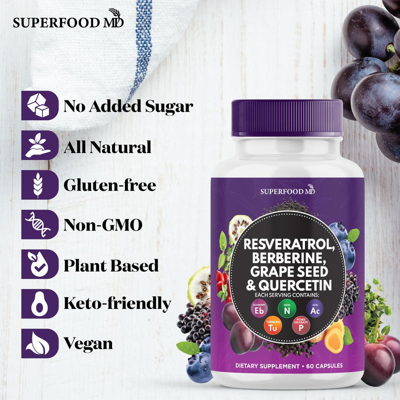 Resveratrol Berberine Grape Seed Extract Quercetin - Polyphenol Supplement with Noni Extract, N-Acetyl Cysteine, Acai Extract - Made in The USA - 120 Capsules 120 Capsules (Pack of 2) - BeesActive Australia