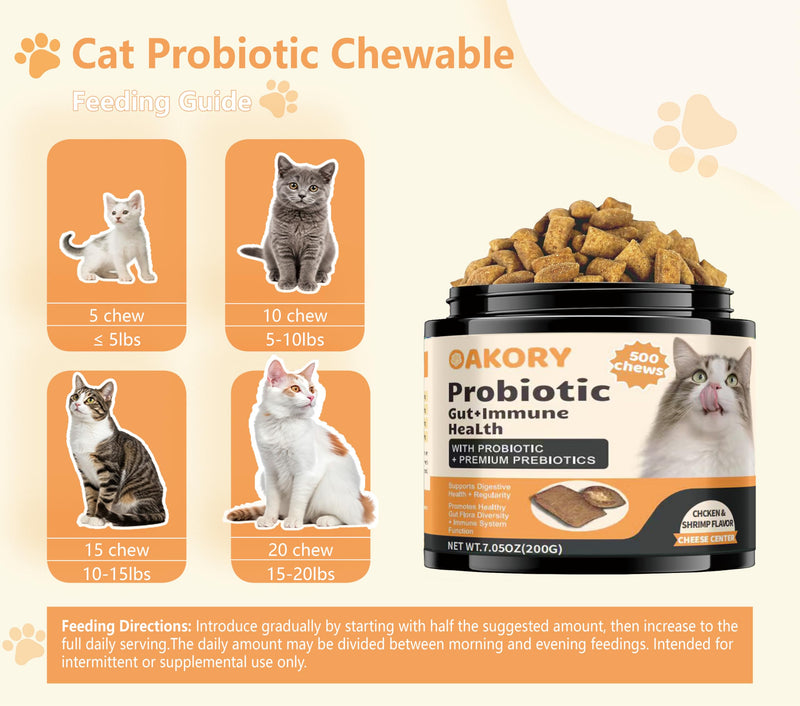 Cat Probiotics Tasty Chews –500 Chews Crunchy & Creamy Texture, with Fish Oil Omega-3 Skin & Coat Health Digestive & Gut Support, Constipation Relief, Healthy Stool, Chicken Flavor with Cheese Center