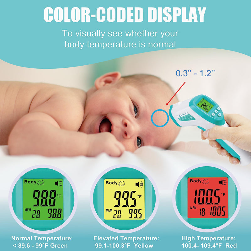 Amplim No-Touch Forehead Thermometer for Adults, Kids, and Infants: Digital Temporal Touchless Medical Grade Thermometer with LCD Display, Registry Must Have for Body Fever Temperatures, Blue Green White