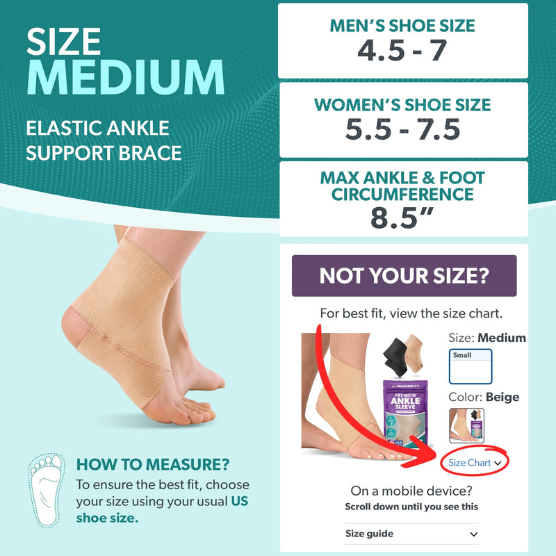 BraceAbility Elastic Ankle Support Brace - Lightweight Slip on Foot and Ankle Compression Sleeve for Gymnastics, Dance, Sports, Running, Exercise, and Sprained Ankle Swelling for Women and Men (Beige, Medium) Beige - BeesActive Australia