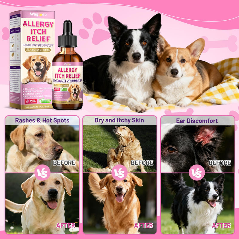 Wagmee Allergy Relief Drops for Dogs, Dog Itchy Skin Relief & Natural Yeast Treatment with Omega-3, Turmeric for Dogs Anti Itchy Ears Paw Relief - Dog Seasonal Allergies, Skin & Coat Immune Support