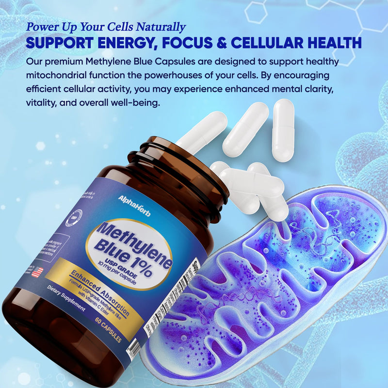 Methylene Blue Pharmaceutical Grade, USP Grade – Enhanced Absorption with Vitamin C Ester & Cacao Powder – Energy, Antioxidant Support & Cognitive Focus – 60 Methylene Blue 1% Vegan Capsules Capsule