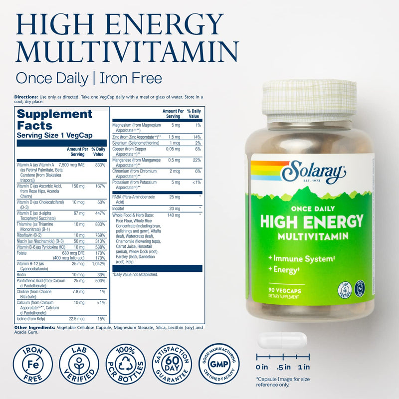 SOLARAY Once Daily High Energy Multivitamin, Iron Free, Immune System and Energy Support, Whole Food and Herb Base Ingredients, Mens and Womens Multi Vitamin (90 Servings, 90 VegCaps) 90 Count (Pack of 1)