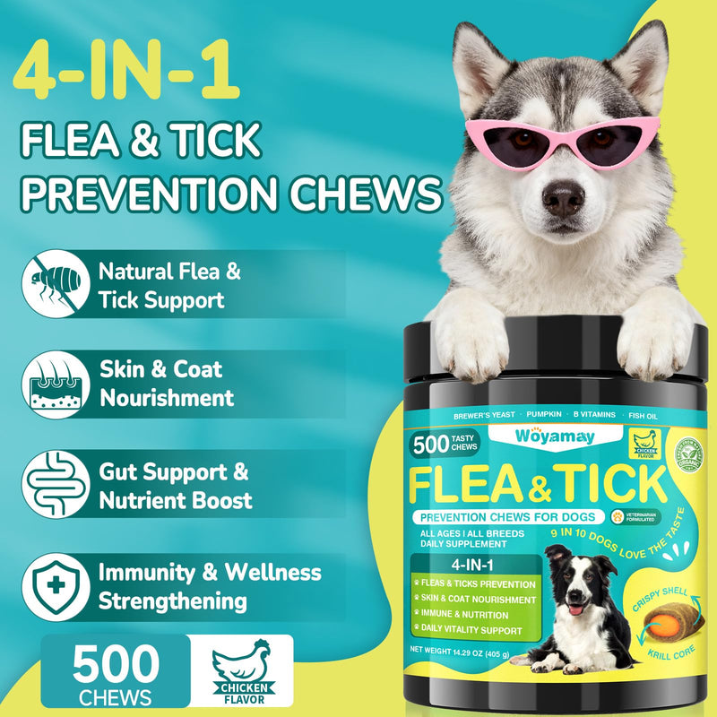 Woyamay Cat & Dog Flea and Tick Prevention Bundle, 500 Crunchy Dual-Texture Chews Each, Natural 4-in-1 Flea Defense with Skin, Coat, Gut & Immune Support, Oral Daily Flea Treatment for Cats & Dogs
