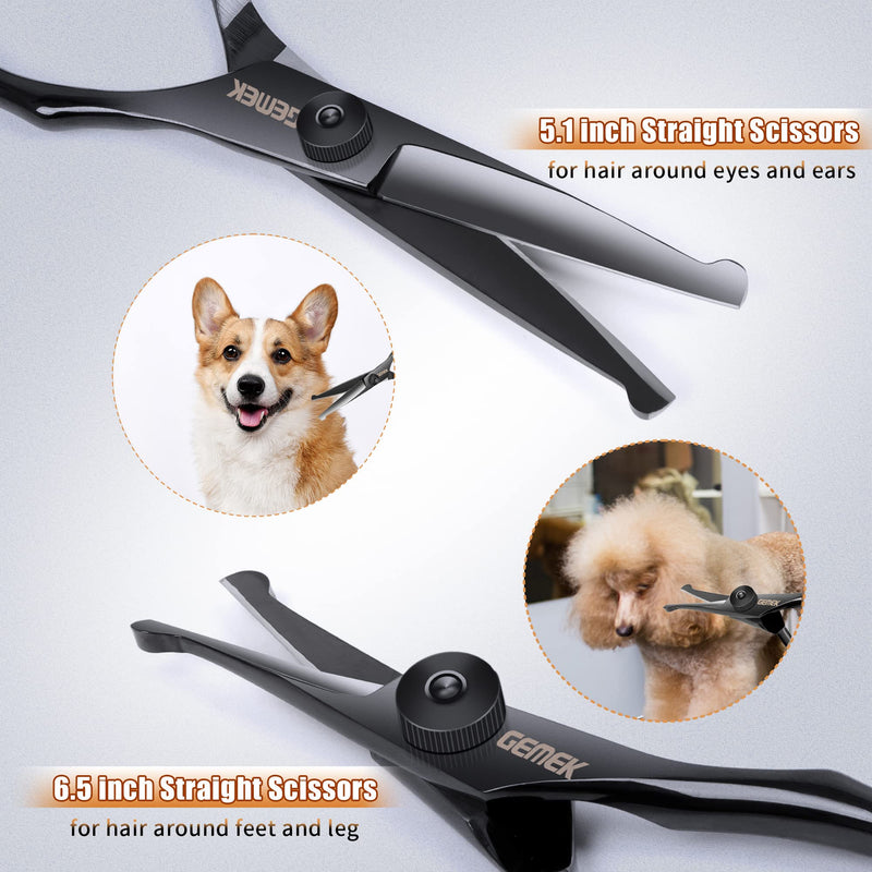 Dog Grooming Scissors Set with Round Safety Tips, GEMEK Professional 6 in 1 Dog Grooming Scissors, Titanium Coated Heavy Duty Scissors for Dogs, Cats and Other Animals (Black) Black - BeesActive Australia