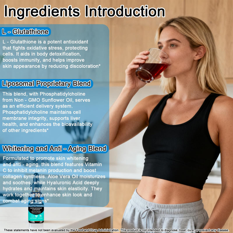 Liposomal Glutathione 1000mg, Fast Absorption Glutathione Supplement Liquid | with Aloe Vera Oil Vitamin C & Hyaluronic Acid for Detox, Skin Whitening & Antioxidant Support, Powder & Capsules Alternative