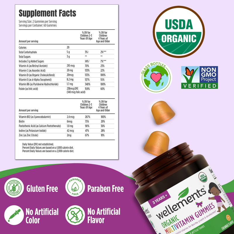 Wellements USDA Organic Kids Multivitamin Gummies 60Ct Vitamins A-Zinc 3Y+ | Essential Kids Vitamins A, B, C, D, E & Zinc | Supports Healthy Growth & Development* | Non-GMO & No Gluten