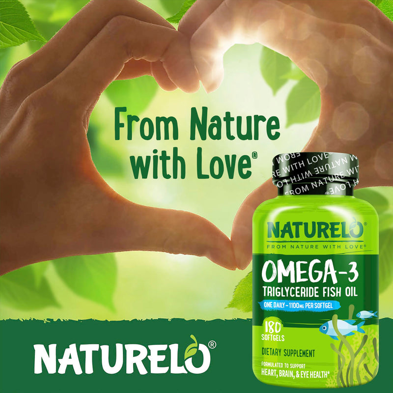 NATURELO Burpless Omega 3 Fish Oil Supplement, 1100mg, 180 Softgels | Triglyceride omega-3, omega 3 DHA EPA, liquid fish oil, 6 months supply 180 Count (Pack of 1)