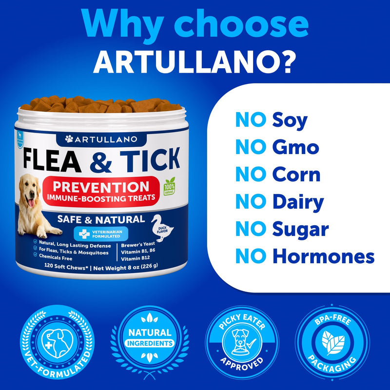 Flea and Tick Prevention for Dogs Chewables - Made in USA - Natural Flea and Tick Supplement for Dogs - 240 Immune Support Chews (2 Pack) - Vitamins B1, B6, B12 - All Breeds and Ages 240 chews