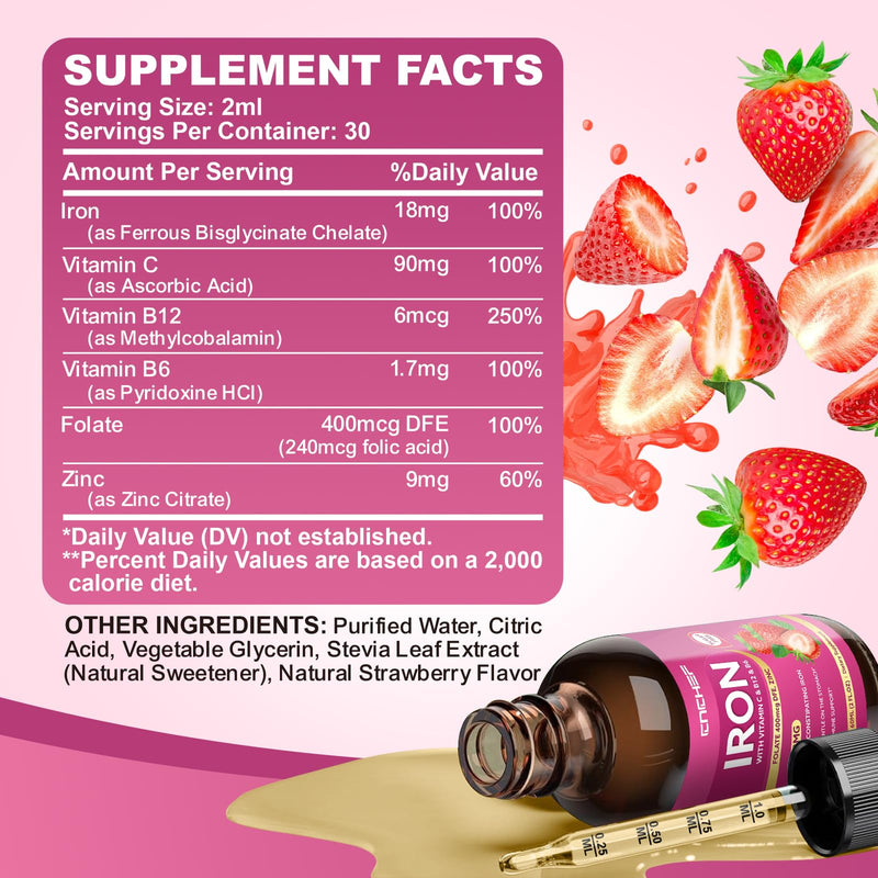 2 Pack Liquid Iron Supplement for Women & Men 18mg with Vitamin C, B12, B6, Folate & Zinc | High Absorption Ferrous Bisglycinate Chelate, Natural Strawberry Flavor, Sugar-Free, Anemia & Energy Support 2 Fl Oz (Pack of 2)