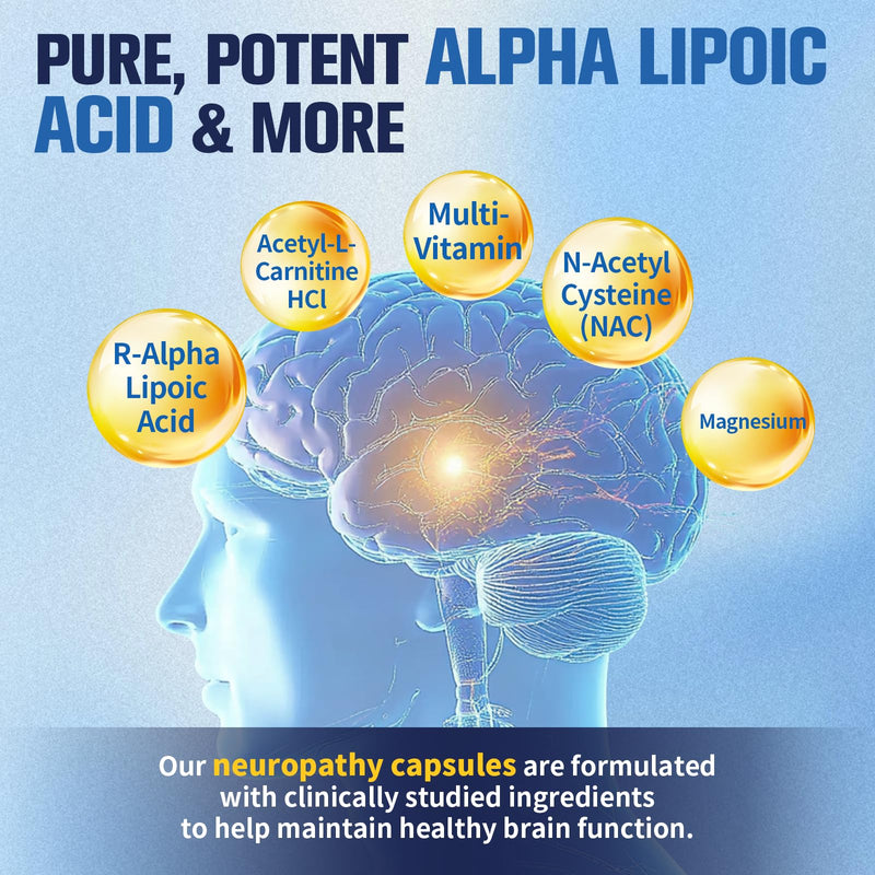 Nerve & Peripheral Neuropathy Support Supplement 1200mg R-Alpha Lipoic Acid | R-ALA L-Carnitine Vitamin B12 B1 B6 D3 E Folate Lions Mane NAC Magnesium Turmeric - Liver Detox, Antioxidant & Mental Support 120 Count (Pack of 1)