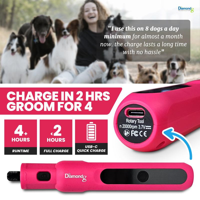 Diamondg Cordless Micro Dog Nail Grinder with Quiet Sound & LED Tip for Large & Small Dogs, 4hrs. Runtime - Electric Dog Nail Trimmer, Heavy Duty Rotary Tool Alternative to Toenail Clippers & Filers Micro - Pink