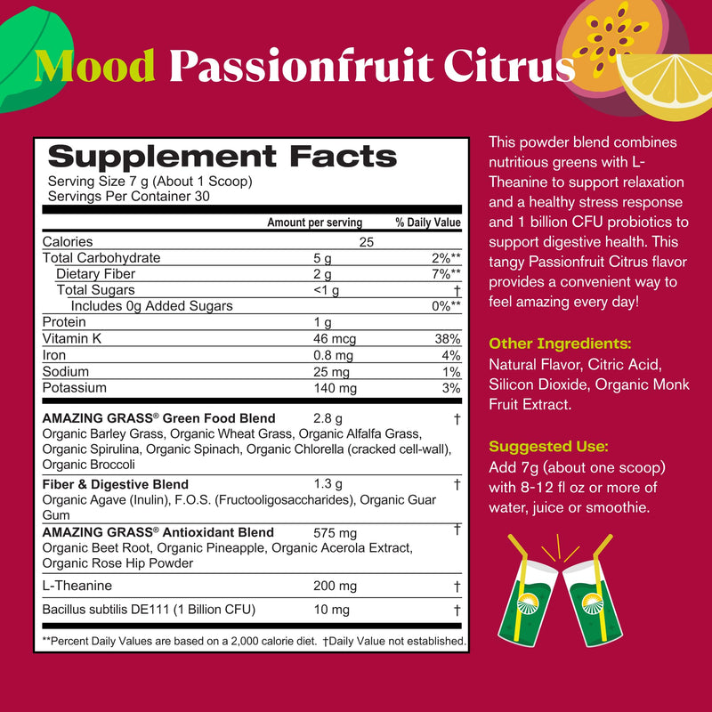 Amazing Grass Greens Blend Mood: Super Greens Powder Smoothie Mix for Mood, Relaxation & Stress Support with Organic Spirulina, Chlorella, Beet Root Powder, Digestive Enzymes & Probiotics, 30 Servings - BeesActive Australia