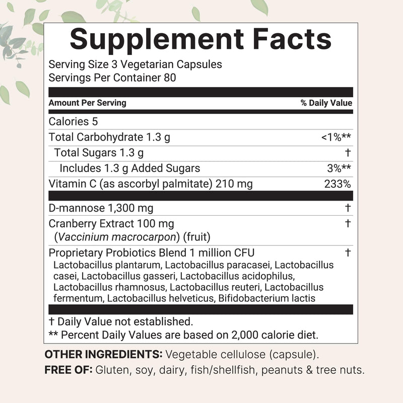 Pure D Mannose 1,300mg with Cranberry & Probiotics, 240 Veggie Capsules | Urinary Tract Health for Women | Plus 1 Million CFU Probiotics Blend & High Absorption Vitamin C | Filler Free, Non-GMO