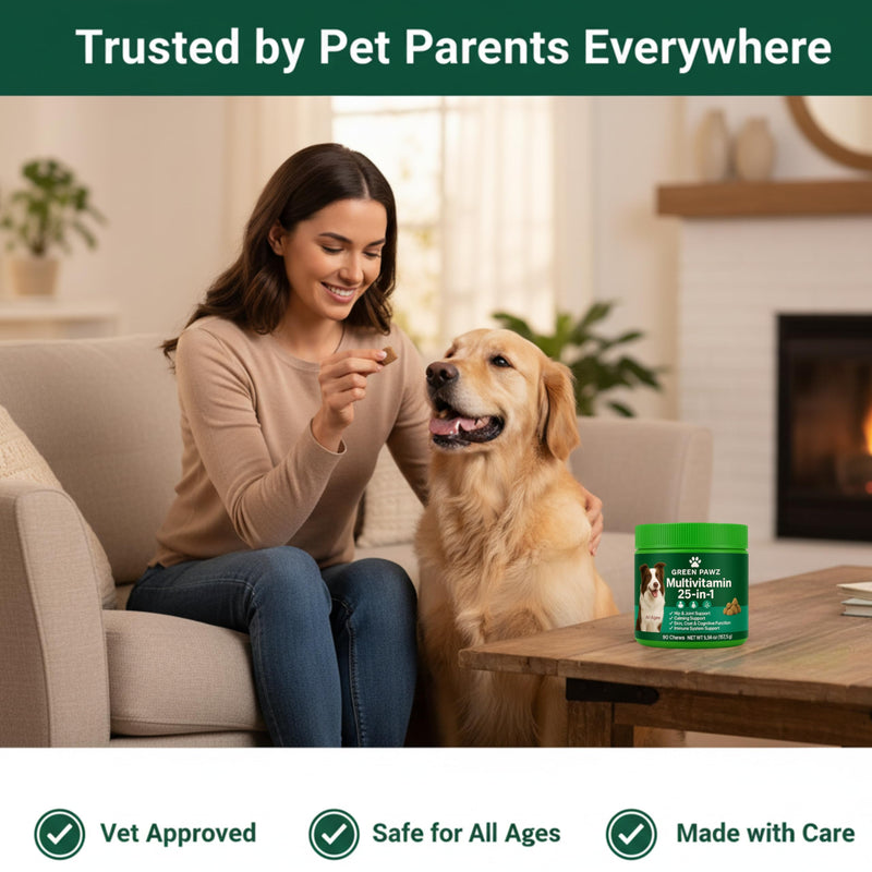 Daily 25-in-1 Dog multivitamin Designed to Support Overall Health, Combining Essential Dog Vitamins and Supplements in one Easy chew.