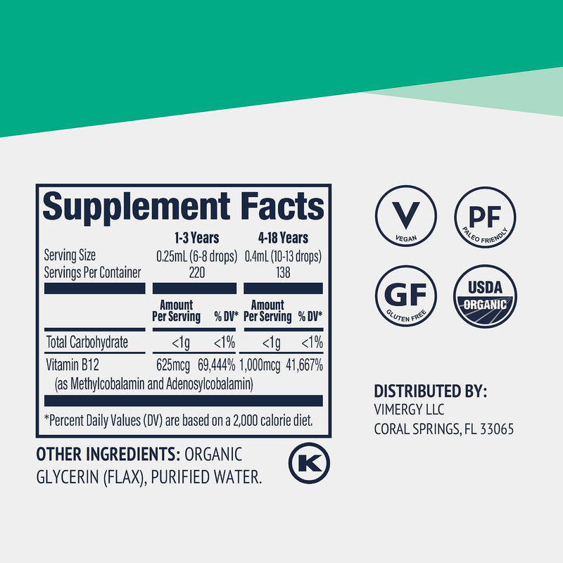 Vimergy Kids Liquid B12 Supplement, Organic Non-GMO, 55 mL, 138+ Servings | Brain & Nerve Health*, Strong Bone and Red Blood Cell Support*, Promotes Cell Metabolism & DNA production*, Fast-Absorbing 1.85 Fl Oz (Pack of 1)