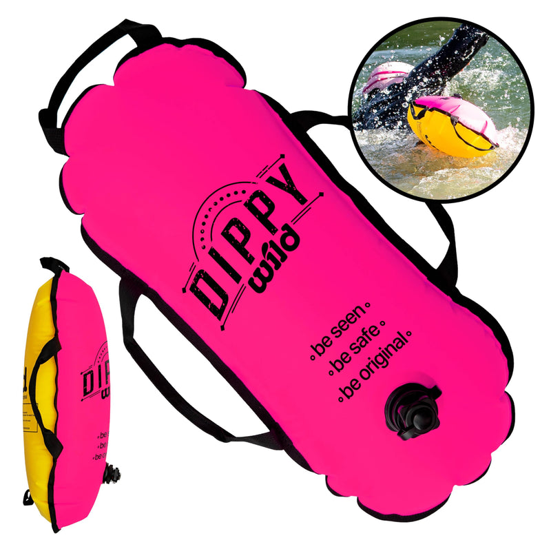 Wild Swim Buoy for Open Water Swimmers | Waterproof Tow Float Swim Bubble for Adults | Triathlon Buoy Float | Swimmer Gear | Wild Swimming Accessories Pink/Yellow