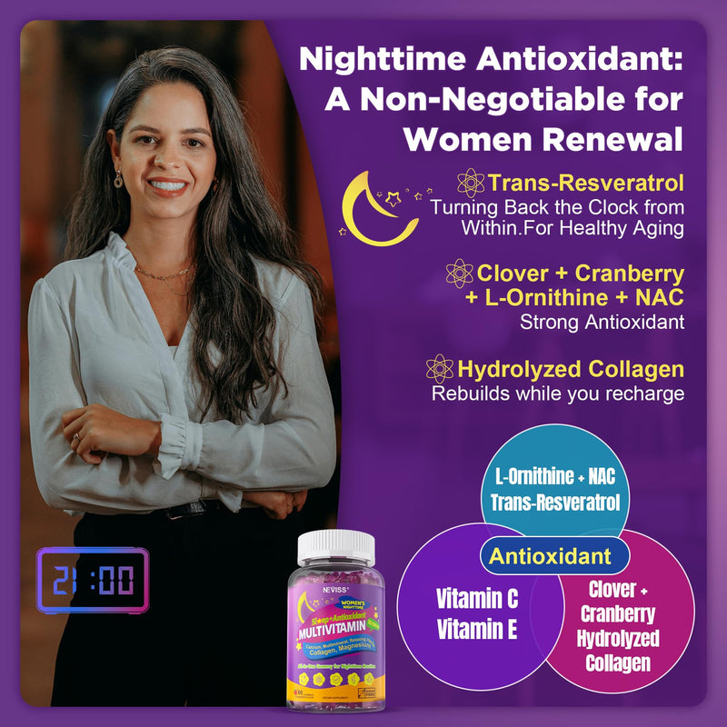 NEVISS Multivitamin for Women Gummies with Magnesium Glycinate 400mg, Hydrolyzed Collagen Gummy for Night Renewal/Sleep, Calcium D3K2, Antioxidant, Relax, Bone, Womens 18 30 40 50 60 70+ Daily Vitamin