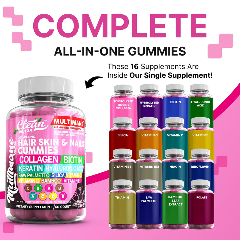 Clean Nutraceuticals Biotin Collagen Keratin Gummies | Hair Skin and Nails Vitamins for Women | Hyaluronic Acid Bamboo Vitamin A C D3 E Folate with Saw Palmetto Silica B3 B12 Vegan Gummy 3