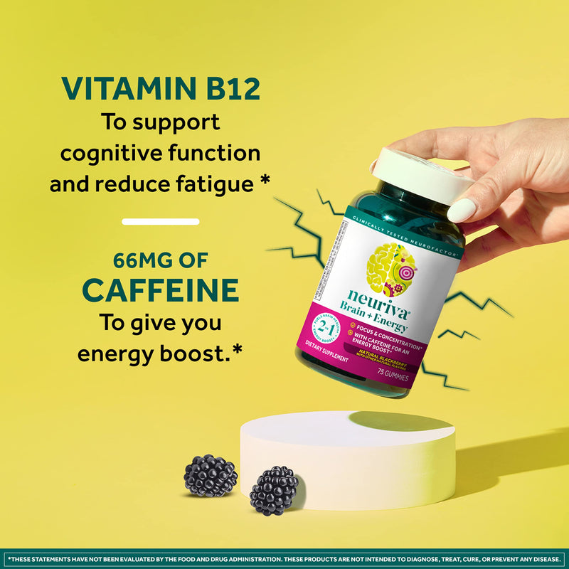 NEURIVA Brain + Energy Supplement - 75 Count Capsules | Brain Supplements for Focus, Concentration, Energy Boost, Vitamin B12, Caffeine, Neurofactor, 75 Count (Pack of 1)