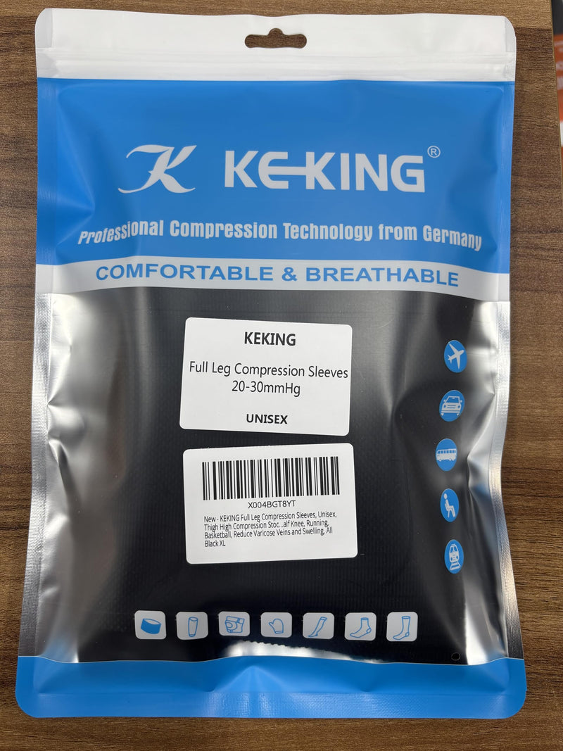 KEKING Full Leg Compression Sleeves, 20-30mmHg Graduated, Unisex, Running All Black X-Large