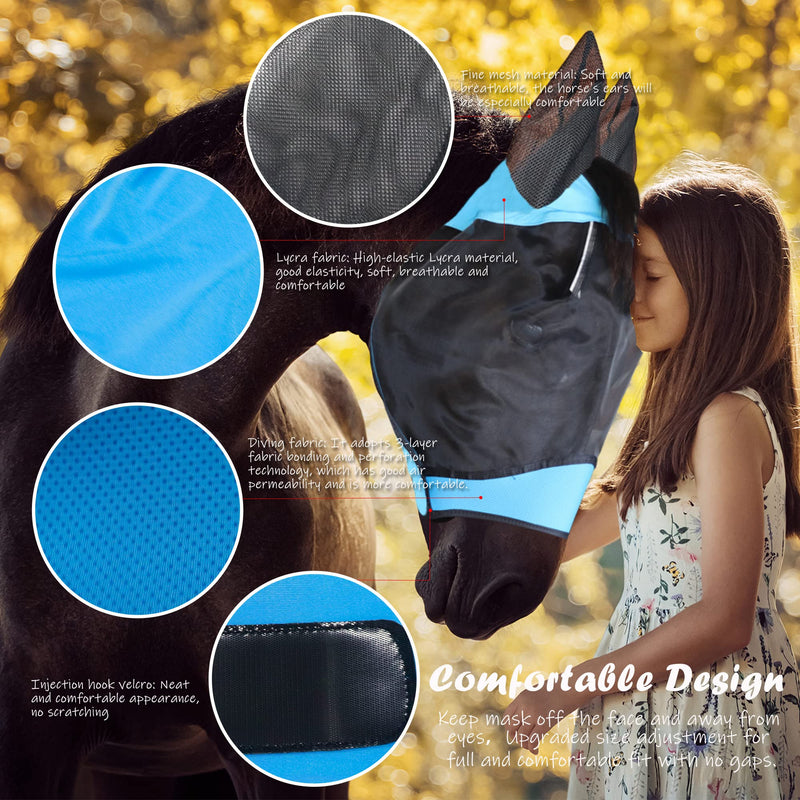 Fly Masks for Horses Equestrian Horse Supplies Horse Fly Mask with Ear Breathable Fine Mesh for Eye Protection from Insect Pests and UV Protection, Adjustable Fit for Comfort (Blue, Large) BLUE - BeesActive Australia