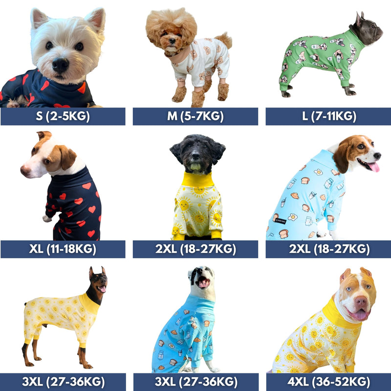 Spark Paws Dog Pajama, Ultra-Soft and 4-Way Stretch, Recovery Suit PJ Onesie for Small, Medium and Large Breeds - Breakfast Blue - XXL 2XL: 16-25kg - BeesActive Australia