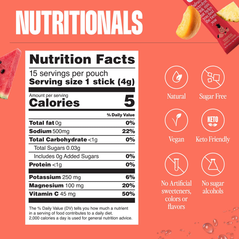 HYRO Electrolyte Powder Packets, Sugar Free, Tropical, 15 Count | Magnesium, Potassium & Vitamin C for daily hydration. Keto & Vegan friendly. Sugar-free with no artificial sweeteners added.