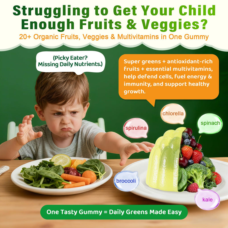 Kids Super Greens Gummies, Kids Multivitamin Superfood Fiber Gummies, 120Ct | 20+ Fruit and Veggies Kids Daily Gummy with Probiotics, Vitamins, Minerals for Growth, Gut, Immune, Picky Eater - Sugar Free 60 Count (Pack of 2)