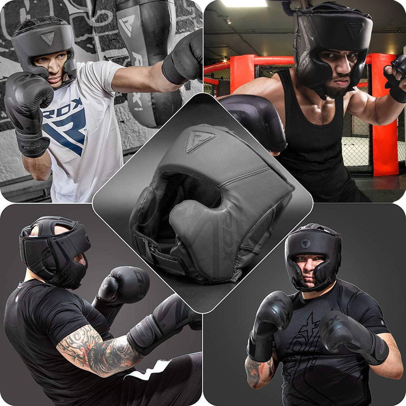 RDX Boxing Headgear Sparring Grappling, Maya Hide Leather, Head Gear for MMA Muay Thai Kickboxing Training, Multi Layered Padding, Taekwondo Martial Arts BJJ Wrestling Karate, Black Matte Black Small