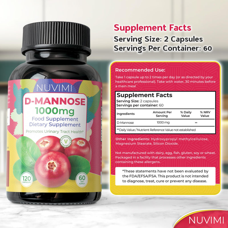 D Mannose 120 Capsules - 1000 mg per Dose - Dietary Supplement | NUVIMI® easy-to-swallow vegan capsules helps block bacteria stickiness for urinary health with no chalky powder. 120 Count (Pack of 1)
