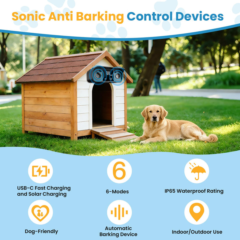 Solar Ultrasonic Dog Bark Deterrent Device, Outdoor Waterproof Anti Barking Device for Dogs with 50ft Range, Sonic Bark Deterrent for Small Medium Large Dogs for Indoor and Outside Use Black