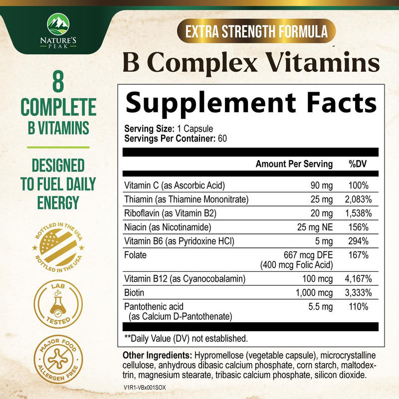 B Complex Vitamin Supplement with Vitamin C & Folic Acid - 60 Capsules | Super B Vitamin Complex - Contains B1, B2, B3, B6, and B12 vitamins for comprehensive nutritional support 60 Count (Pack of 1)